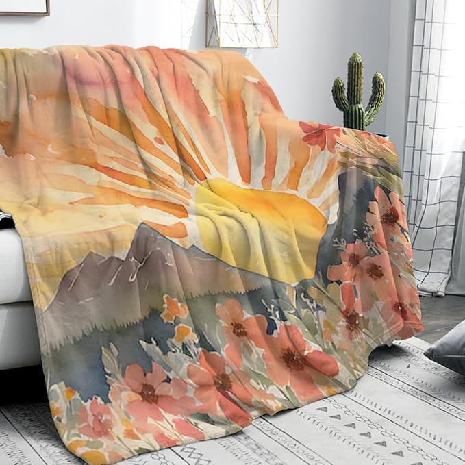 Burn Orange Boho Sunrise Sunset Sun Print Throw Blankets Pink Floral Flower - Image 2