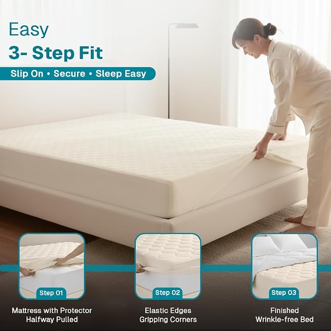 FABDREAMS Organic Quilted Mattress Protector Queen Size | Mattress Pad| - Image 4