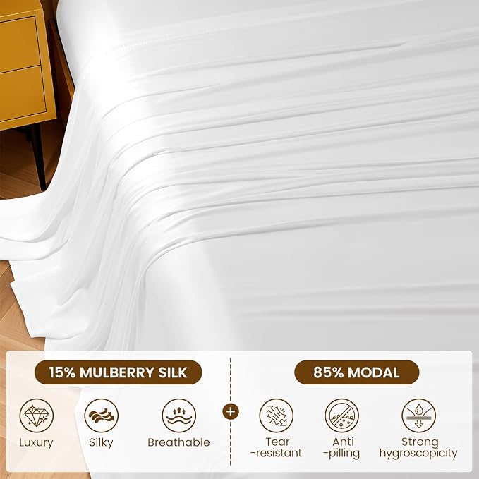 Luxury Mulberry Silk Modal King Size Sheet Set 4pc, Ultra Breathable & Cooling - Image 2