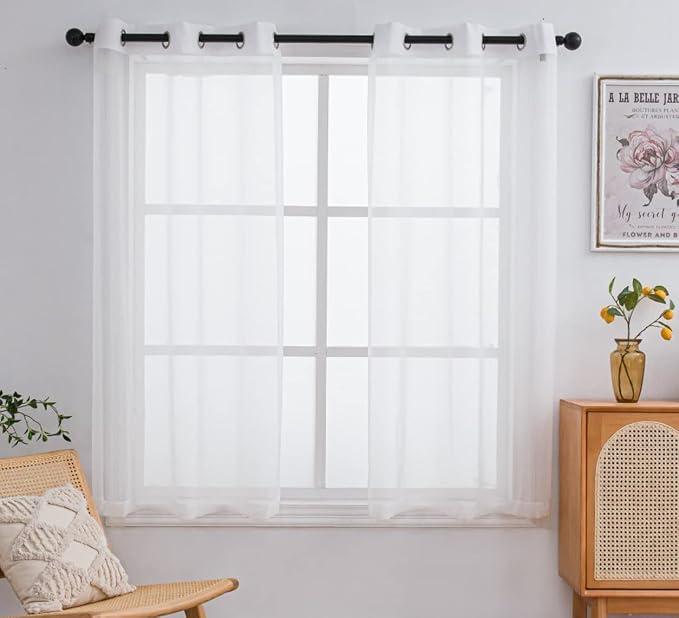 PI Ivory Sheer Curtains Short Panels, Grommet Top Airy Voile Window Curtain by PI