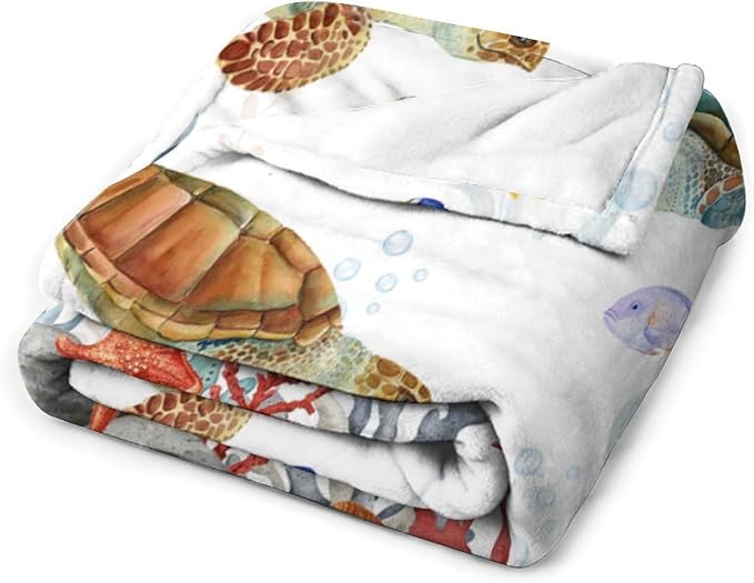 Sea Turtle Throw Blanket, Teal Blue Ocean Underwater Animal Starfish Fish - Image 3