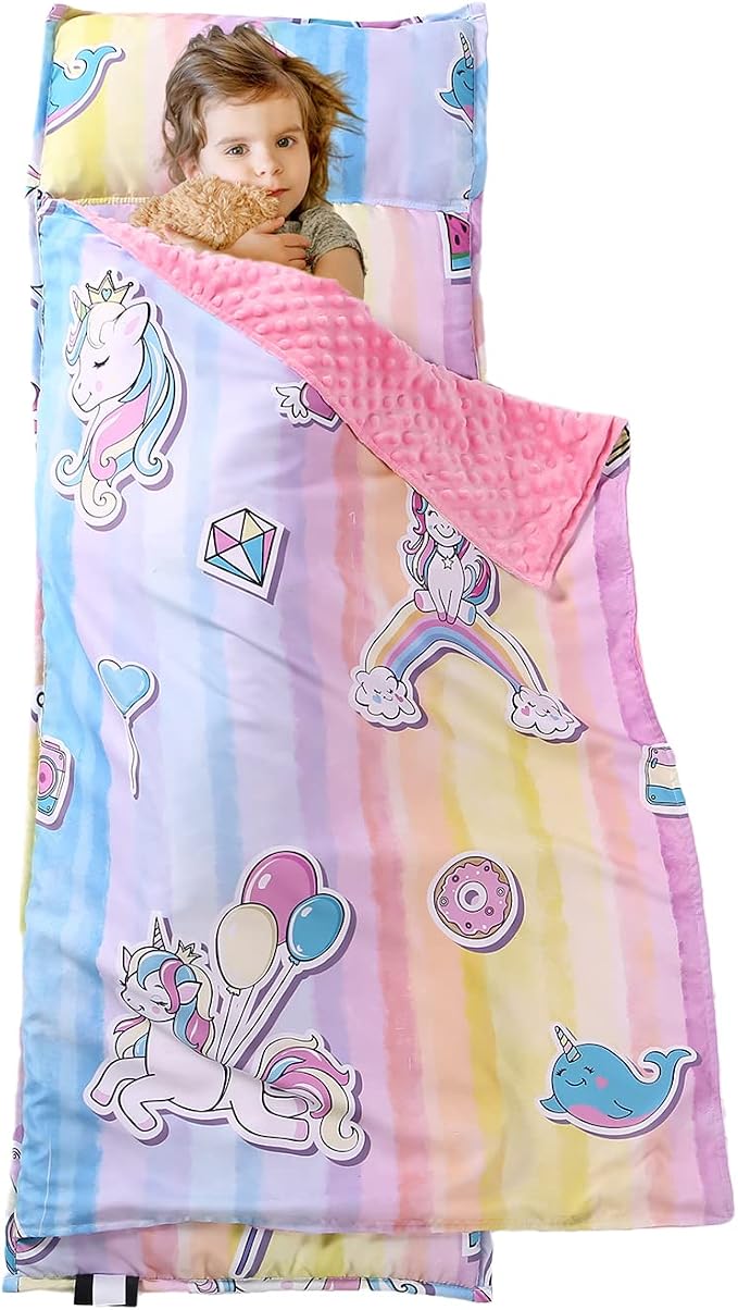 Toddler Nap Mat with Removable Pillow and Minky Blanket, Soft Rolled Napping - Image 4