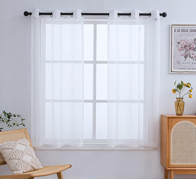 PI Grommet Sheer White Curtian 63 Inch Length Short Window Curtains by PI