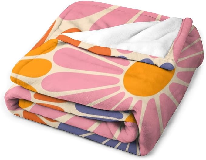 1970s Hippie Floral Throw Blanket, Retro Orange Pink Blue Flower Boho Groovy - Image 3