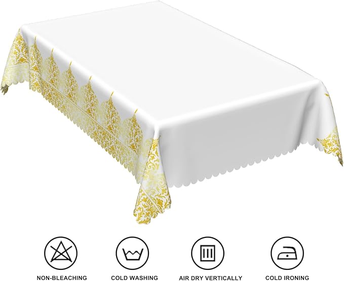 54x120inches White Rectangle Table Cloth Gold Floral Border Printed Decorative - Image 6