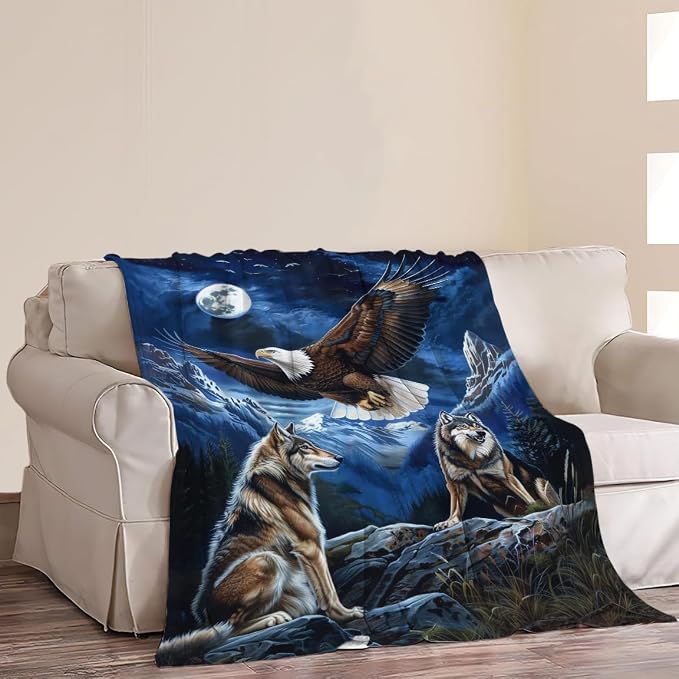 Bald Eagle Wolf Throw Blanket Wild Animal Print Blankets Gifts Couch Sofa Bed - Image 2