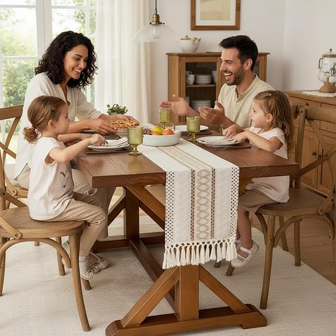 Boho Table Runner with Tassels, Woven Cream & Brown Macrame Runner Pottery Barn - Image 6
