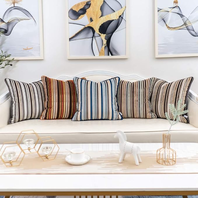 Yangest Grey Striped Throw Pillow Cover Multicolor Velvet Cushion Cover Modern - Image 6