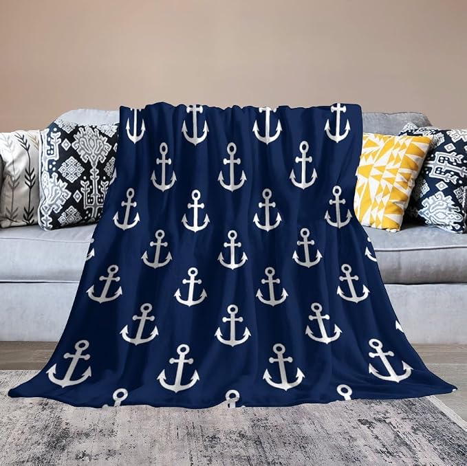 Anchor Blanket Vintage Rustic Ocean Nautical Style Navy Blue White Soft Cozy - Image 4