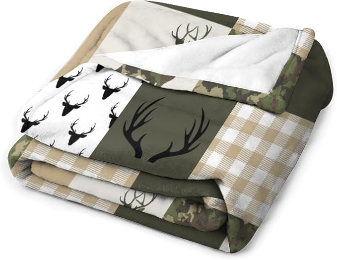Camouflage Deer Blanket, Vintage Camo Green Beige Plaid Rustic Cabin Wildlife - Image 3