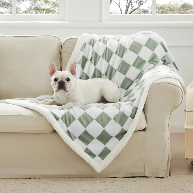 Checkered Dog Blanket, Sage Green Jacquard Sherpa Blankets by Ohocut