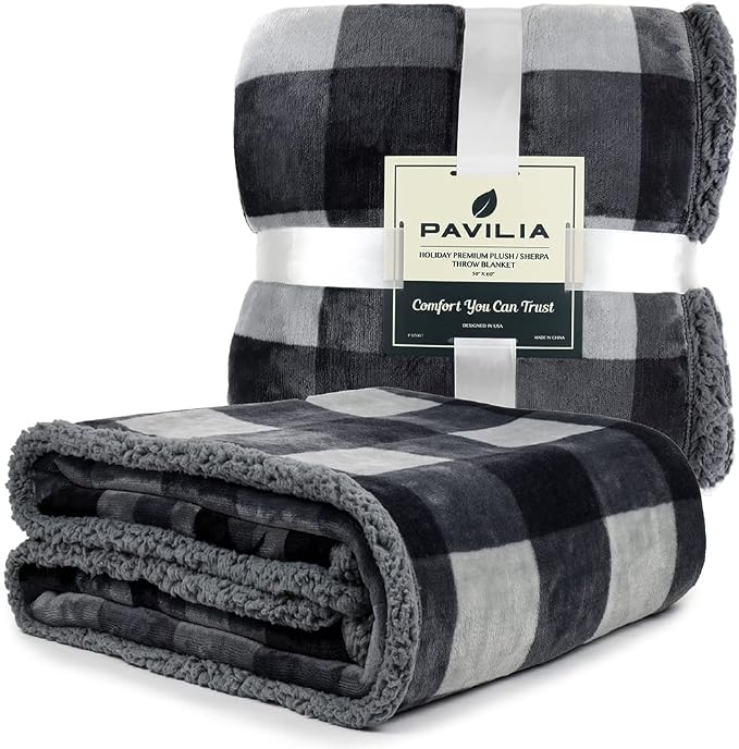 Pavilia Winter Cabin Sherpa Blanket Throw Twin | Flannel Fleece Christmas Plaid - Image 2