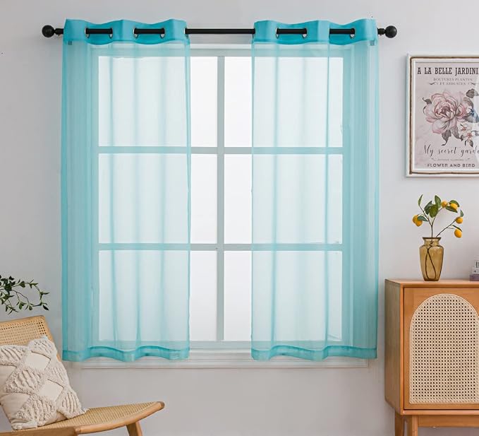PI Teal Sheer Short Curtains 63 Inches Long by PI