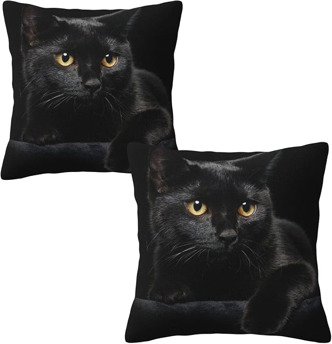 Black Cat Throw Pillow Covers Decorative Linen Pillow Cases Set of 2 Square by bassyilCustomizedforlife