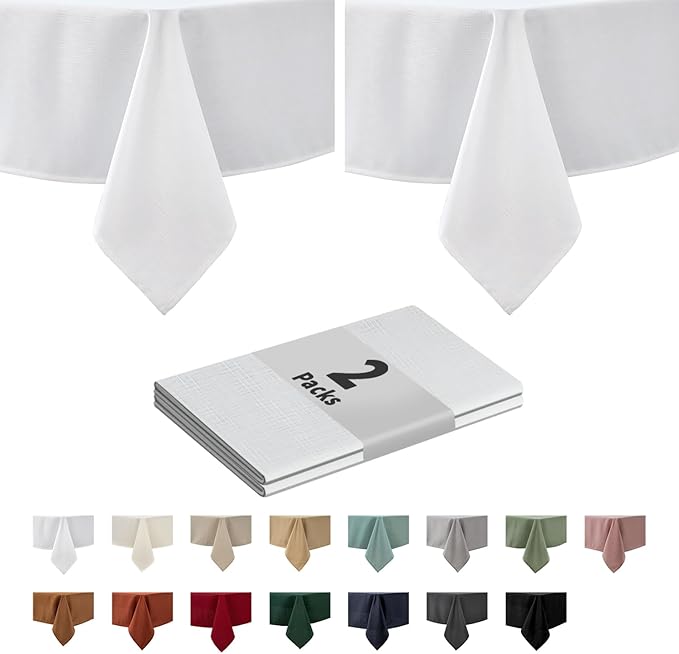 maxmill 2 Pack 60 x 84 Inch White Faux Linen Textured Rectangle Tablecloth by maxmill