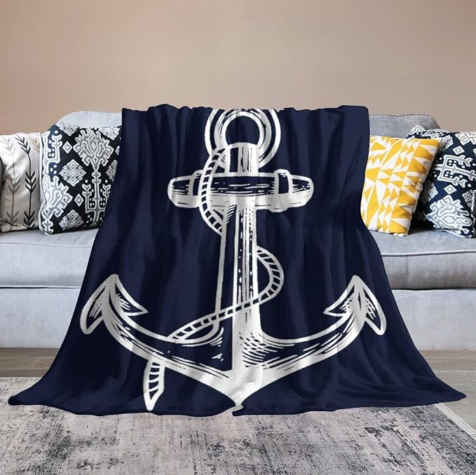 Anchor Blanket Retro Abstract Nautical Navy Blue White Soft Cozy Lightweight - Image 4