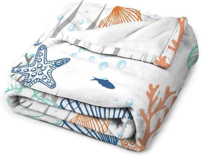 Nautical Coastal Blanket, Starfish Seashell Coral Beach Themed Drapes Ocean - Image 3
