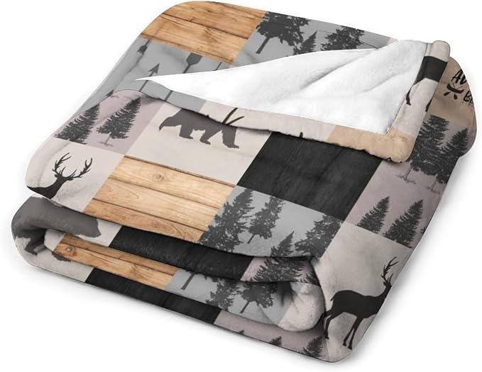 Rustic Cabin Throw Blanket, Retro Camping Bear Deer Farmhouse Wildlife Tree - Image 3