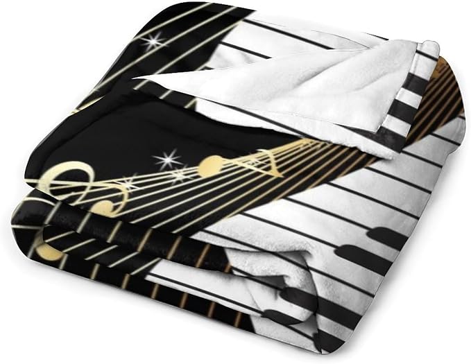 Music Note Blanket Black White Piano Keys Gold Music Note Soft Cozy Lightweight - Image 2