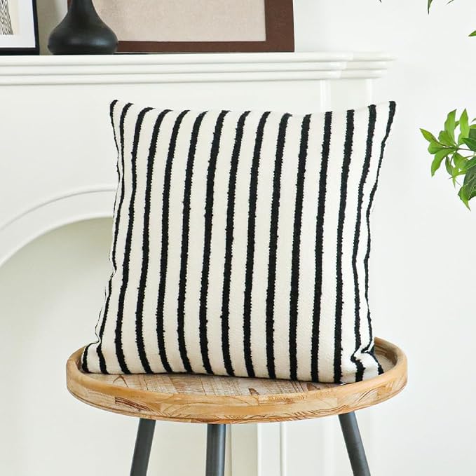 Jonhier White Striped Boho Throw Pillow Cover, Modern Boucle Textured Square - Image 4