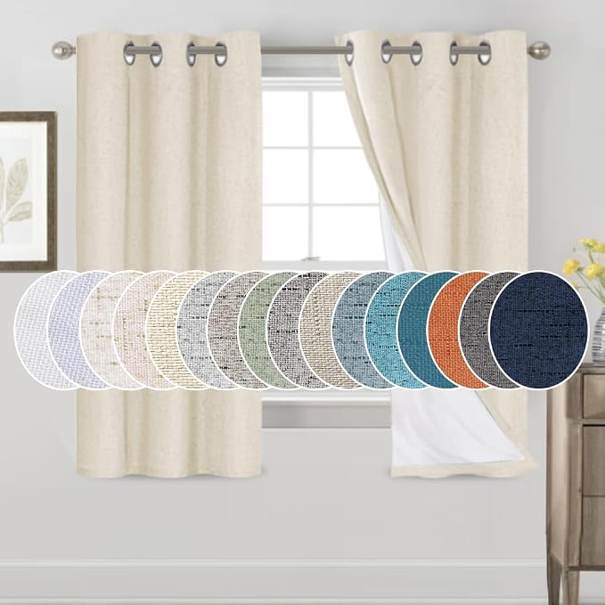 PrinceDeco Linen Texture Curtains 100% Blackout Curtains 64 inch Long 2 Panels by PrinceDeco