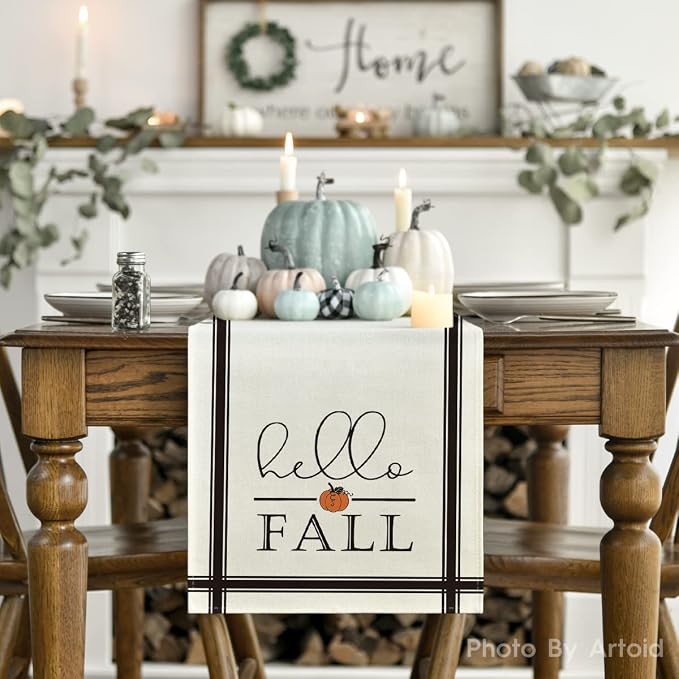 Artoid Mode Hello Fall Stripes Pumpkin Autumn Table Runner, Seasonal Fall - Image 2