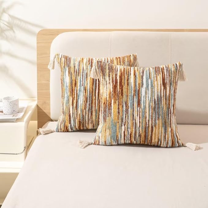 Boho Throw Pillow Covers 18x18 Set of 2 Woven Tufted Farmhouse Pillows Cover - Image 5