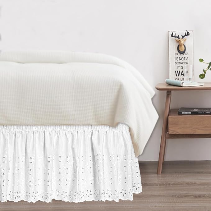 Queen Bed Skirt, Wrap-Around Elastic Ruffled Eyelet Bed Skirt Queen Size Dust - Image 7