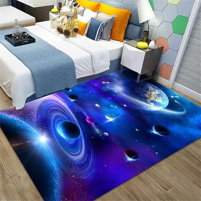 3D Galaxy Area Rug for Boys Girls Room Modern Outer Space Planets Printed Floor by Home