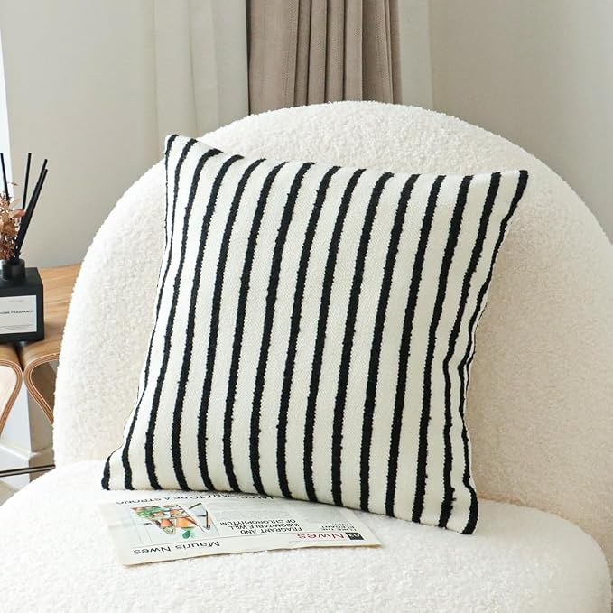 Jonhier White Striped Boho Throw Pillow Cover, Modern Boucle Textured Square - Image 2