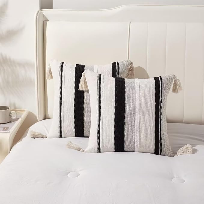 Boho Throw Pillow Covers 18x18 Set of 2 Woven Tufted Farmhouse Pillows Cover - Image 5