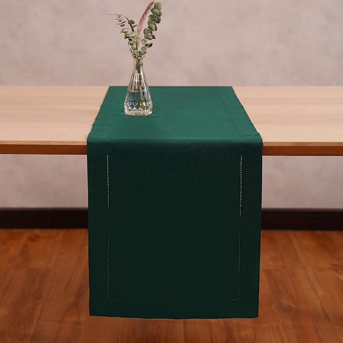 Home Ekaa Green Cotton Linen Table Runner 48 Inches Long – Washable Hemstitch - Image 3