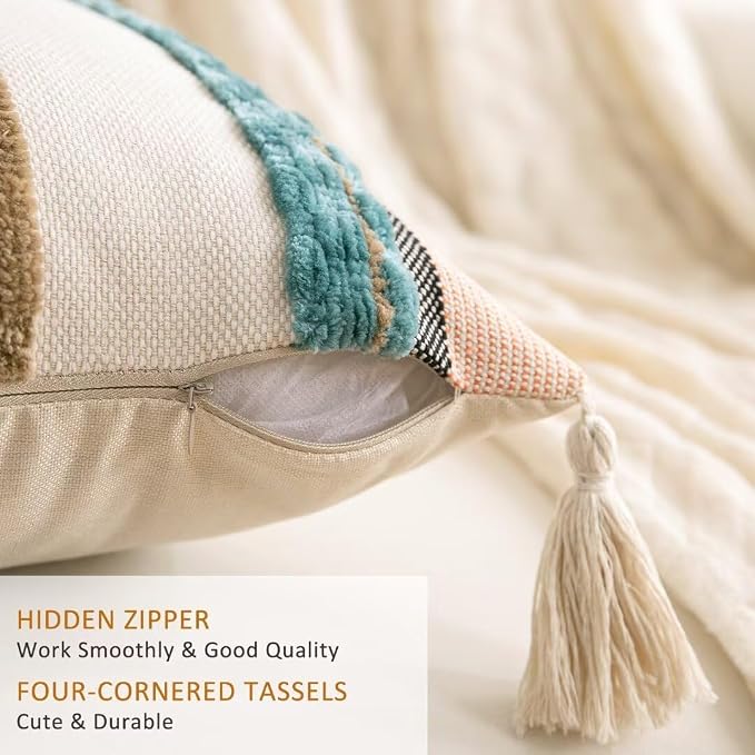 Boho Throw Pillow Covers 18x18 Set of 2 Woven Tufted Farmhouse Pillows Cover - Image 3
