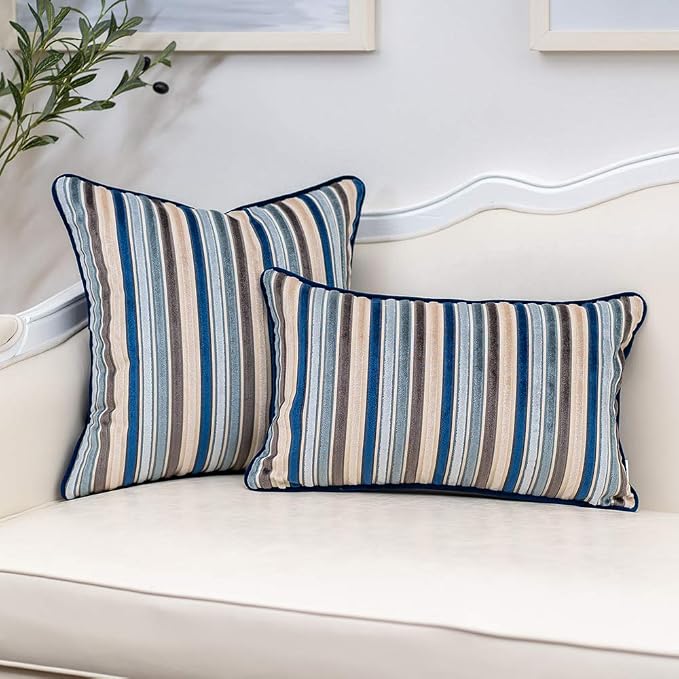 Yangest Blue Striped Throw Pillow Cover Multicolor Velvet Cushion Cover Modern - Image 5