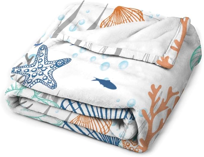 Nautical Coastal Blanket, Starfish Seashell Coral Beach Themed Drapes Ocean - Image 3