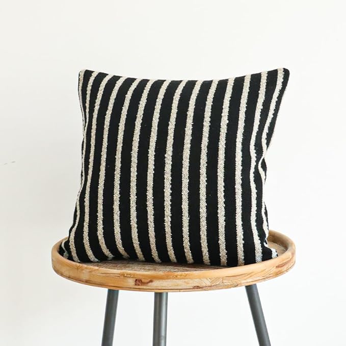 Jonhier Black Striped Boho Throw Pillow Cover, Modern Boucle Textured Square by Jonhier