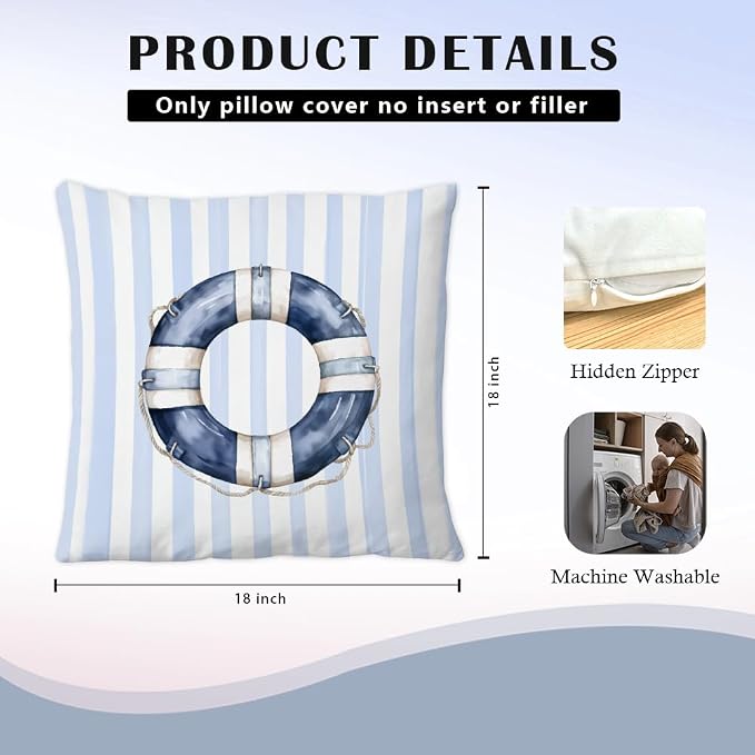 Blue Coastal Nautical Pillow Covers 18x18 Set of 2, Watercolor Lifebuoy Captain - Image 5
