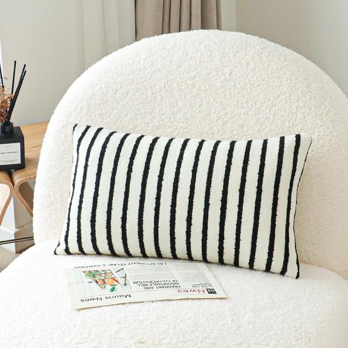 Jonhier White Striped Lumbar Boho Throw Pillow Cover, Modern Boucle Textured - Image 2