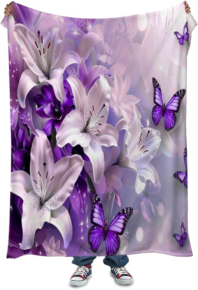 Purple Butterfly Flower Throw Blanekts Butterfly Blankets Soft Lightweight Cozy by Reateforin
