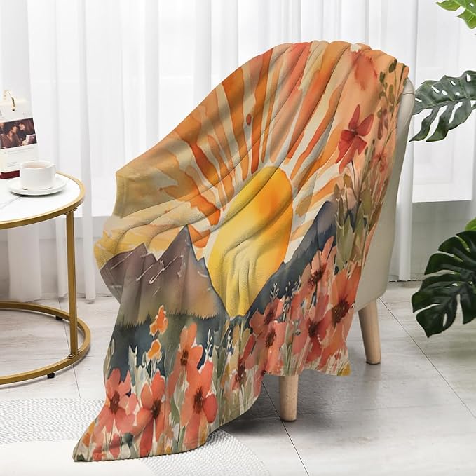 Burn Orange Boho Sunrise Sunset Sun Print Throw Blankets Pink Floral Flower - Image 5