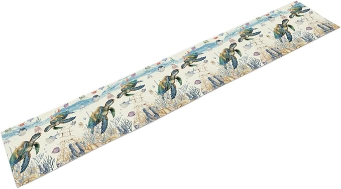 Watercolor Sea Turtle Table Runner Teal Blue Ocean Funmy Animal Octopus - Image 7