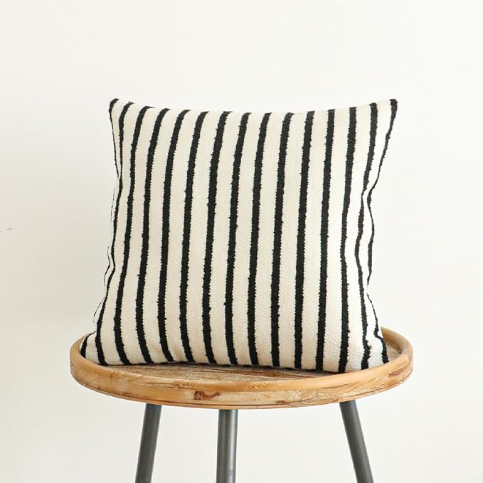 Jonhier White Striped Boho Throw Pillow Cover, Modern Boucle Textured Square by Jonhier