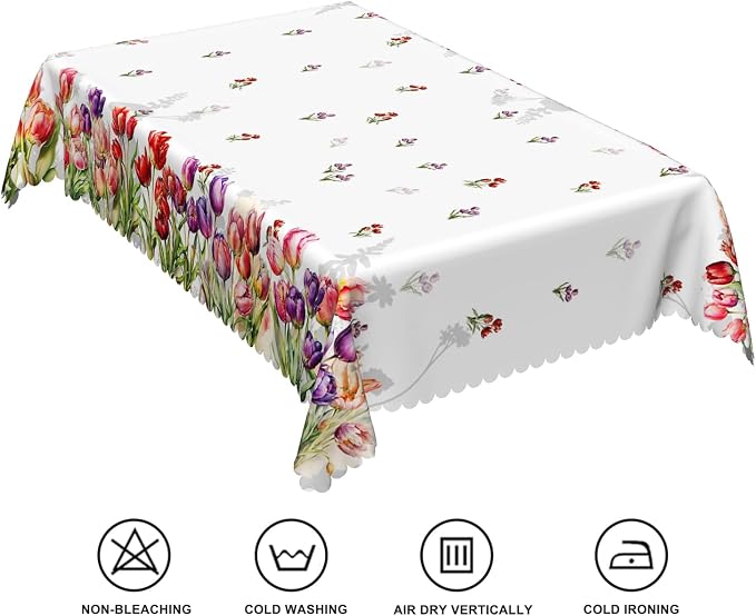 54x120inches Floral Tablecloth Red Purple Tulip Flowers Blooming Rectangle - Image 6