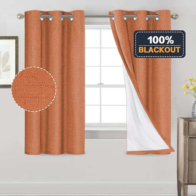 PrinceDeco Linen Texture Curtains 100% Blackout Curtains 64 inch Long 2 Panels - Image 6