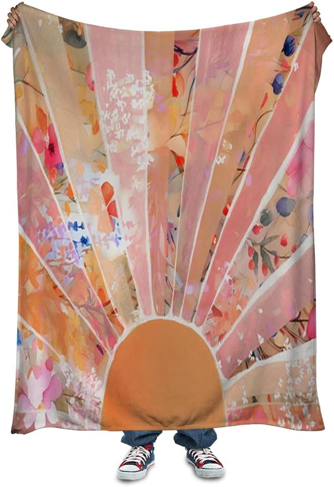 Orange Boho Sun Throw Blanket 60Wx80H Inch Bohemian Minimalist Art Boys Girls by Reateforin