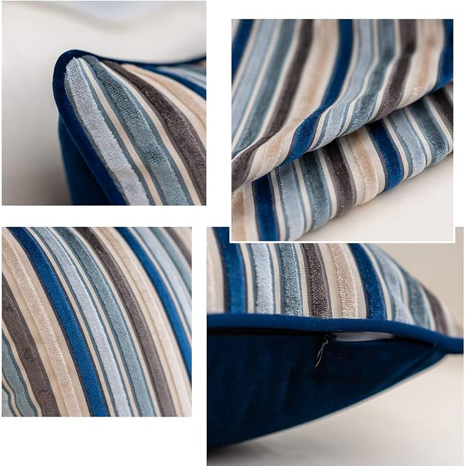 Yangest Blue Striped Throw Pillow Cover Multicolor Velvet Cushion Cover Modern - Image 3