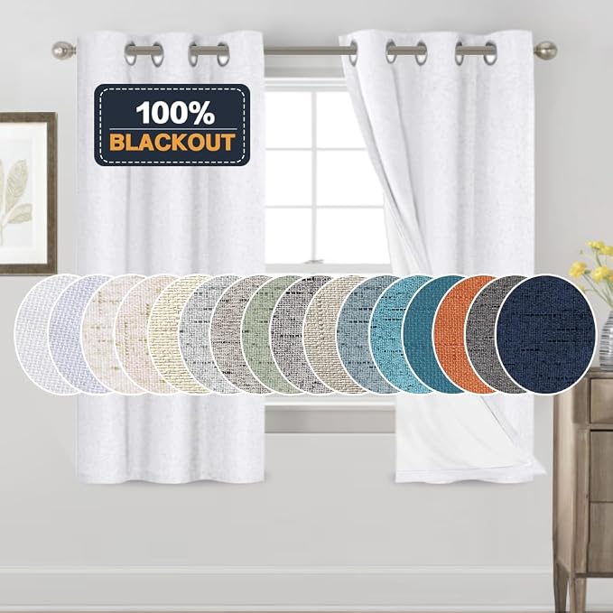 PrinceDeco Blackout Linen Texture Curtains 64 inches Length Natural Linen by PrinceDeco