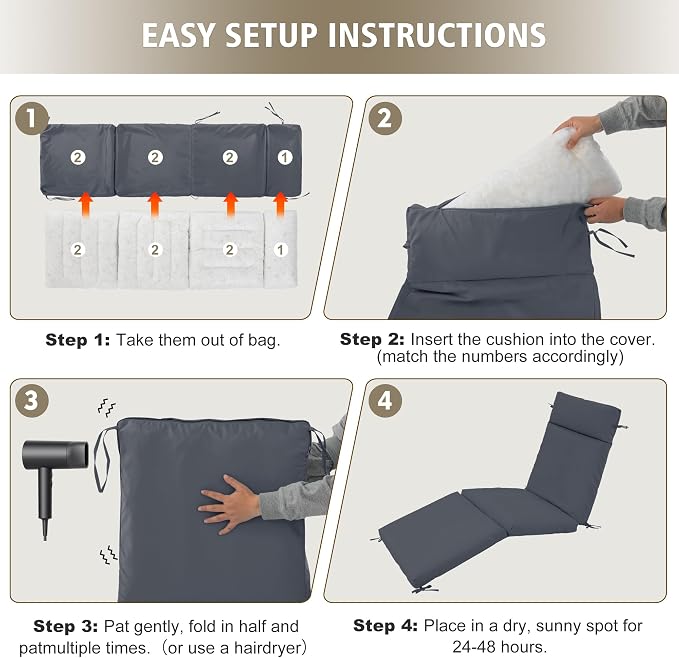 Chaise Lounge Cushion 72x21x3 Inch – Set of 2 Outdoor Lounge Chair Cushions - Image 7