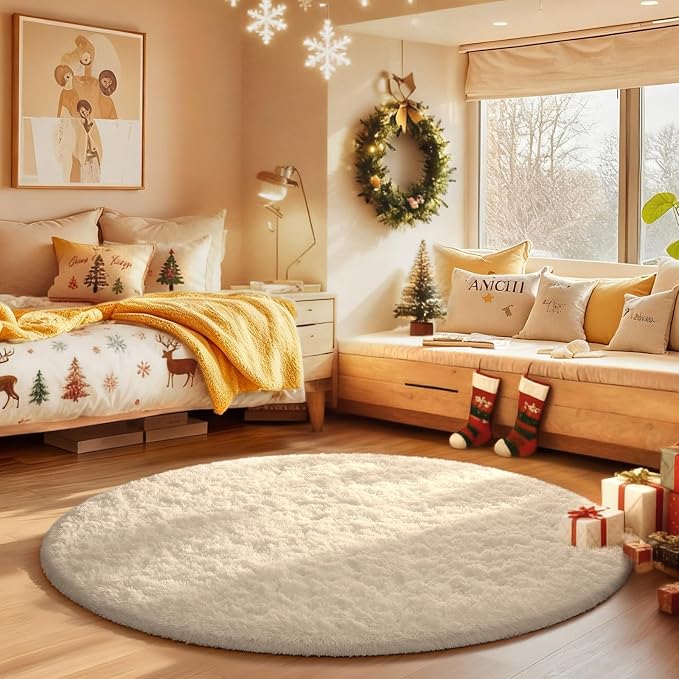 Ophanie Round Rugs 3Ft Ivory Circle Area Rug, Christmas Room Decor, Aesthetic by Ophanie