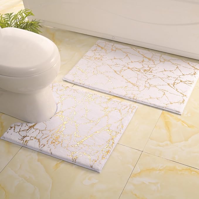 QJHOMO Toilet Rugs U Shaped White and Gold Bathroom Rugs, Extra Thick Carpet - Image 6